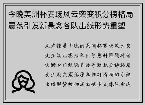 今晚美洲杯赛场风云突变积分榜格局震荡引发新悬念各队出线形势重塑 今晚美洲杯赛场风云突变积分榜格局震荡引发新悬念各队出线形势重塑